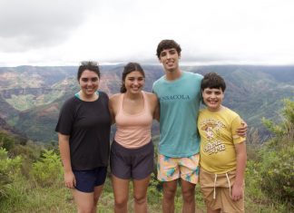 Four children - 2 girls and 2 boys posing on top of a mountain
