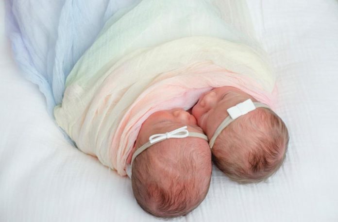 Newborn twin girls wrapped in a swaddle blanket