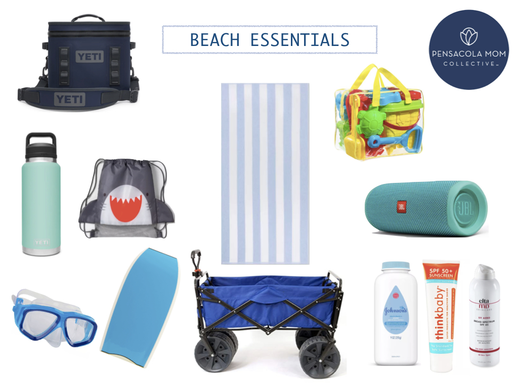 a photo of beach essentials for those with young children. This photo includes images of the products featured in this post including a cooler, water bottle, backpack, goggles, flippers, wagon, towel, sand toys, sunscreen, baby powder and a Bluetooth speaker