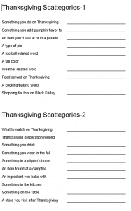 Thanksgiving Scattergories list one and two