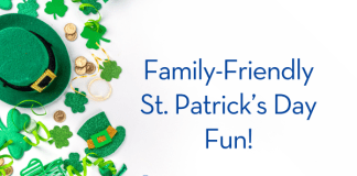 Green St. Patrick's Day decor (hat, shamrocks, etc) on the left side with title of the post - St. Patrick's Day Family Fun