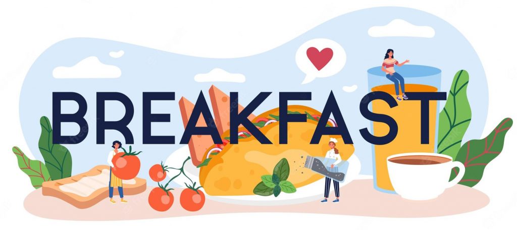 The word breakfast with foods