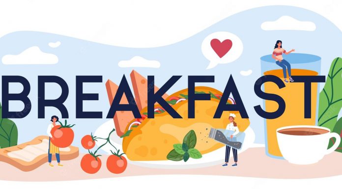 The word breakfast with foods