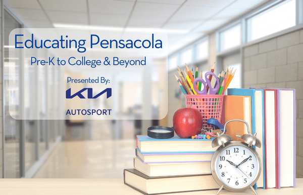Decorative image with the title "educating pensacola: pre-K to college and beyond"