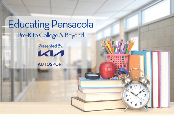 Decorative image with the title "educating pensacola: pre-K to college and beyond"