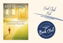 The cover of the book "Miraculous Journey of Edward Tulane" by Kate DiCamillo along with the words "Book Club Pick" and the PMC Book Club logo