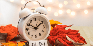 An alarm clock with orange leaves on either side and a sign that says "fall back"