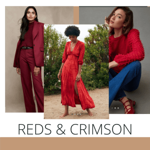 a collage of photos depicting women wearing different shades of red and crimson