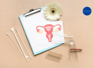 Medical supplies used for cervical cancer screening and Pap smear, including a clipboard.