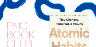 The cover of the book Atomic Habits with text that says "PMC Book Clb Review"