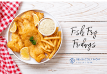 A plate of fried fish and french fries with the post title Fish Fry Fridays