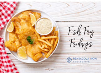 A plate of fried fish and french fries with the post title Fish Fry Fridays