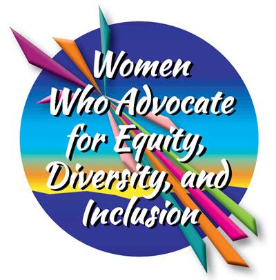 Women's History Month 2024 logo. A multi-colored circle with "Women Who Advocate for Equality, Diversity and Inclusion" overlayed in white text. 