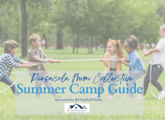 Kids playing tug of war in the grass. The post title reads Pensacola Mom Collective summer camp guide