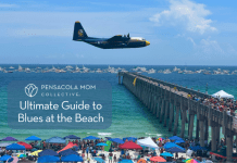 A photo of Fat Albert flying over the Pensacola Beach pier during a Blue Angels airshow