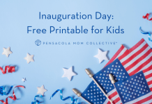 Inauguration Day - Decorative image American flags and the title "Inauguration Day: Free Printable for Kids"