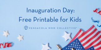 Inauguration Day - Decorative image American flags and the title "Inauguration Day: Free Printable for Kids"