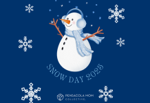 Navy blue background with a snowman and the words "snow day 2025"