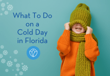 A young child wearing a sweater, hat and scarf. The hat is pulled down over his eyes and he is laughing. The title of the post "What to do on a cold day in Florida" is included.